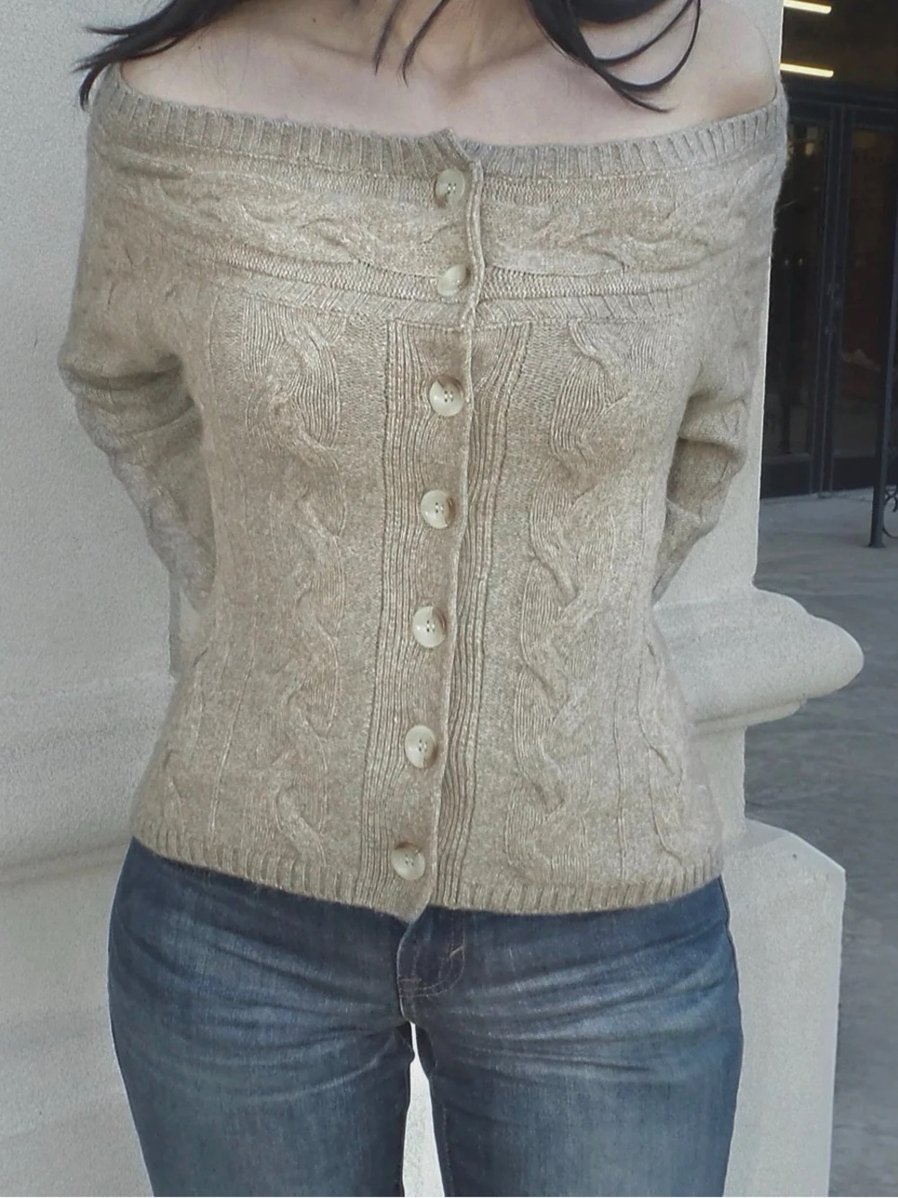 Femmenina Off Shoulder Beige Cable Knit Sweater